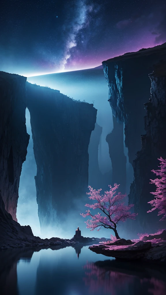 Photographs that capture the essence of a magical dream world. An epic cliff,Hanging over a beautiful lake, Surreal and vivid colors illuminate its reflection. The atmosphere is otherworldly, The soft night light casts a flowing shadow. The image creates a sense of depth and mystery, It's as if the audience is taken into another dimension., Create beautiful and memorable work. Shot with Canon EosIII Zeiss 120mm wide angle lens