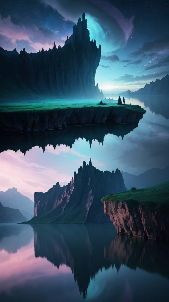 Photographs that capture the essence of a magical dream world. An epic cliff,Hanging over a beautiful lake, Surreal and vivid colors illuminate its reflection. The atmosphere is otherworldly, The soft night light casts a flowing shadow. The image creates a sense of depth and mystery, It's as if the audience is taken into another dimension., Create beautiful and memorable work. Shot with Canon EosIII Zeiss 120mm wide angle lens