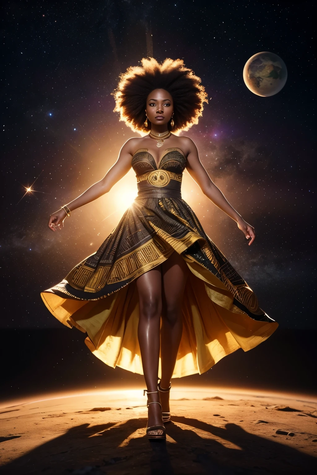 Best quality, high resolution, Masterpiece: 1.3, Stunning Black Woman, African Inspired, Full-Length, Graceful Stride, Cotton Clothes, High Heels, Outer Space, Floating Bridge, Yellow Glow, African Design Elements, Detailed Textures, Floating Wood Planks, High Heels Echo, Spacebackdrop, Detailed Hair, Glowing Skin, Confident, Chin Up, Stunning Features, African Diaspora, Cultural Pride, Space Themed, Detailed Background, Volumetric Lighting, Shadows, Particle Effects, 3D Octane Rendering, Ray Tracing, Super Detailing Viewer,