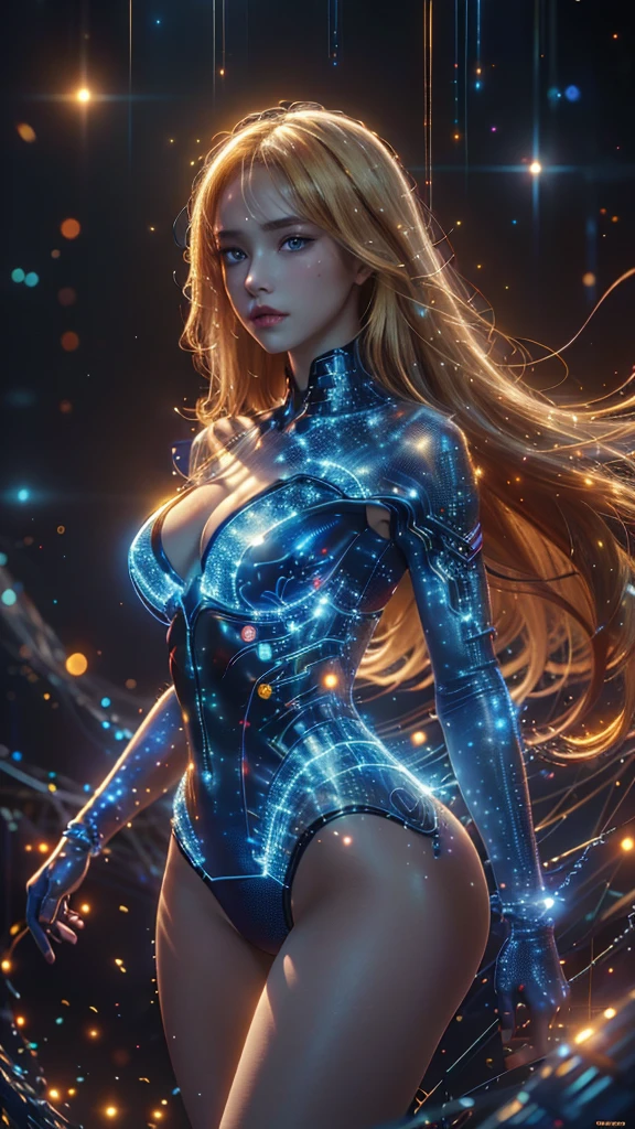Ultra-Realistic Capture,18k,RAW Photos,Highest quality,masterpiece,reality,Very detailed,live-action,Very beautiful woman,Detailed face,Glowing Skin,Rainbow, Blue eyes, Automata,cyber punk,18-year-old ,Model body type,slim,So many LEDs,Clothes made of light particles,Rainbow Skin,Electronic devices embedded in the body,Very detailed electronic equipment, butterfly wings on her back,A bunch of glowing wires, Very long hair girl, Glittering, Large Breasts,Acrobatic poses,(Middle finger),neon,Long legs, Blonde hair, yellow eyes, Orange style