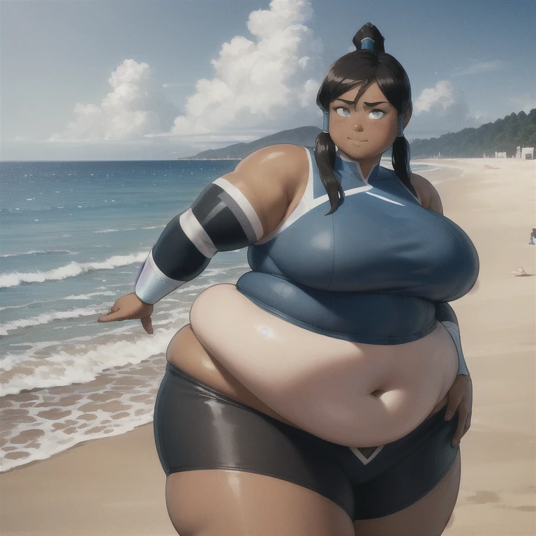 masterpiece, best quality, 1 fat girl,  korra, toned, dark skin, ponytail, topknot,  looking at viewer, upper body, beach background, sunshine, sky, cloud, (cyan eyes:0.6)  