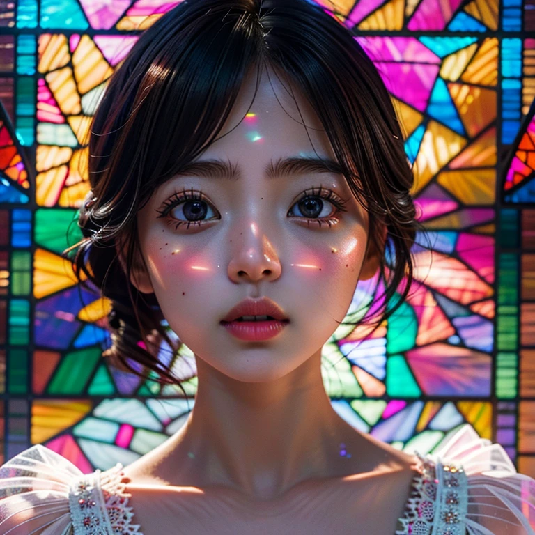SFW 14yo, concept art, (PICHIPICHI KAWAII junior idol), (Detailed Delicate lace knitted white clothes), (nipple:-0.9), face closeup, (Elaborate stained glass Background:1.37), (((Renbutsu Misako), colorful Light shines through delicate stained glass:1.2, vivid red colors, Luminous Particles, light Particles))(Acutance:0.8). (ProfessionalPhoto:1.2),(ultra-detailed:1.37), (Extremely detailed KAWAII face variations, innocent expression variations), rosy cheeks, intricate detailed eyes with sparkling highlights, long eyelashes with volume, subtle blush on the face. Mystic sight, haze, Impeccable Radiant PearlSkin with Transparency, captivating gaze, ((Dynamic-angle)), whole Body proportions and all limbs are anatomically accurate . (Exposed:0.??) shoulder