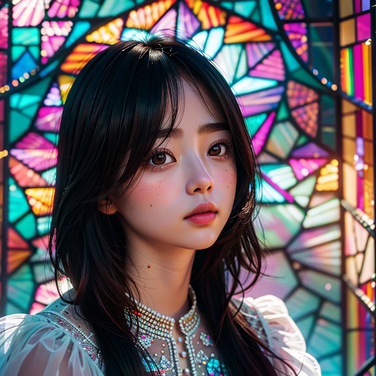 SFW , concept art, (PICHIPICHI KAWAII junior idol), (Detailed Delicate lace knitted white clothes), (nipple:-0.9), (Elaborate stained glass Background:1.37), (((Renbutsu Misako), colorful Light shines through delicate stained glass:1.2, vivid red colors, Luminous Particles, light Particles))(Acutance:0.8). (ProfessionalPhoto:1.2),(ultra-detailed:1.37), (Extremely detailed KAWAII face variations, innocent expression variations), rosy cheeks, intricate detailed eyes with sparkling highlights, long eyelashes with volume, subtle blush on the face. Mystic sight, haze, Impeccable Radiant PearlSkin with Transparency, captivating gaze, ((Dynamic-angle)), whole Body proportions and all limbs are anatomically accurate . (Exposed:0.64) (((from Dynamic Polar View Point)))