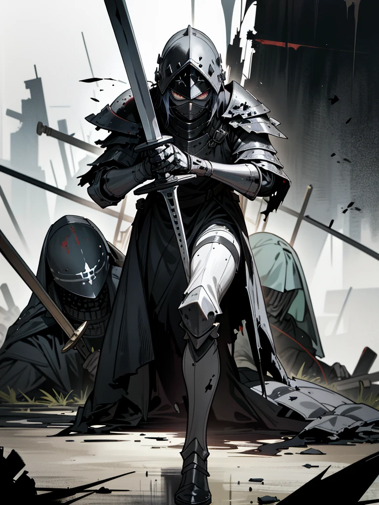 (Dark art), (hopeless art), dark anime medieval soldier, broken soldier, holy helmet, black wounds, crashed armor, closed clothing, broken sword, sword broken in half, ash, abandoned battlefield, highly detailed art, super violent, accident