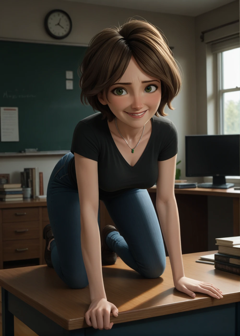 cass,1girl, solo, breasts, smile, short hair, brown hair, shirt, jewelry, green eyes, full body, jeans, short sleeves, indoors, necklace, blurry, black shirt, score_9, score_8_up, score_7_up, score_6_up, bent over, on desk, hands on breasts , squeezing breasts together, seductive smile, aroused, blush,