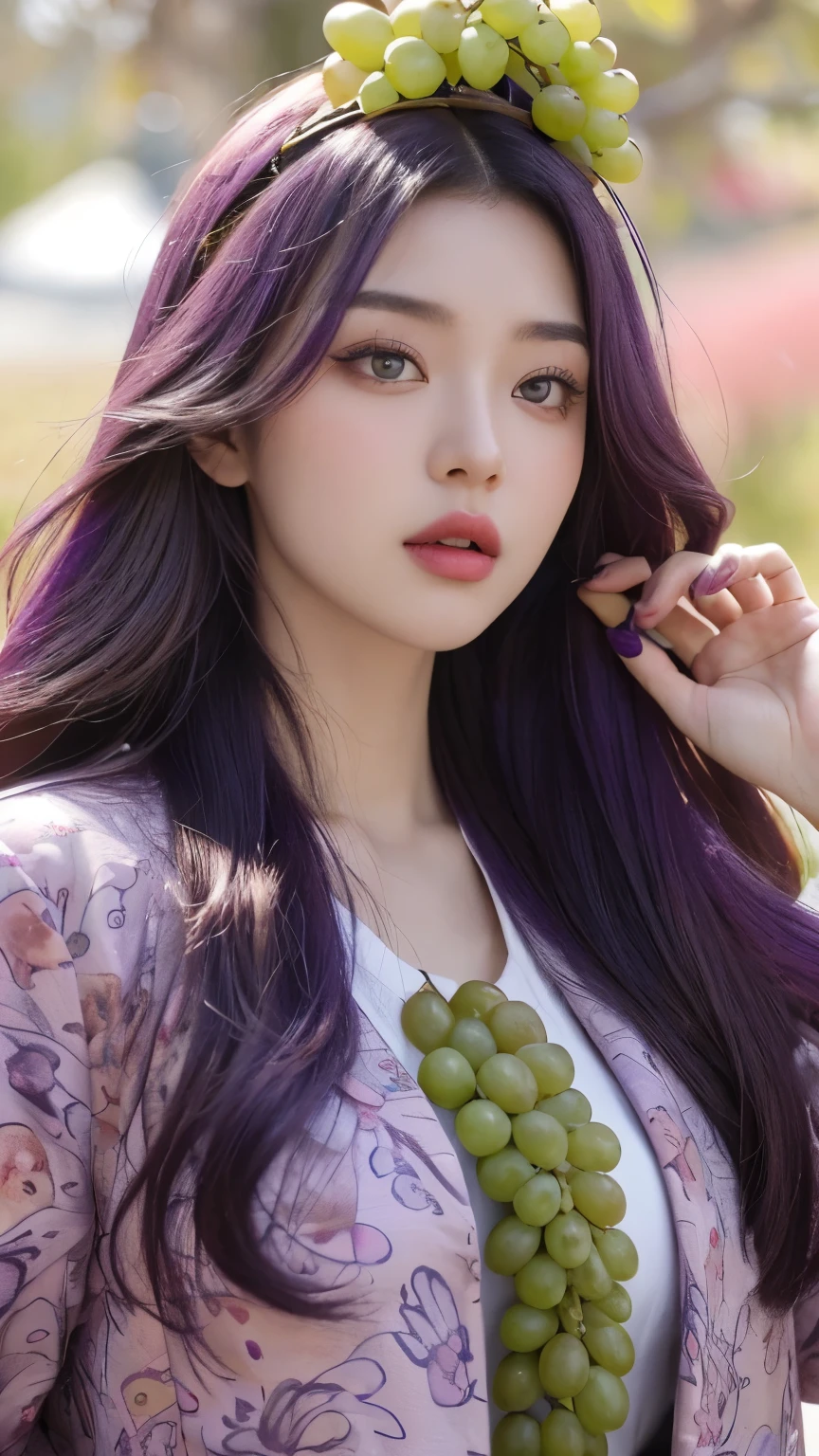 (Real, Highest quality, High resolution :1.3), One girl with a perfect body, Very beautiful face and eyes, Korean Beauty, (Slanted Eyes), Purple wolf hair, (Grapes on his head:1.2), Oversized grape print jacket