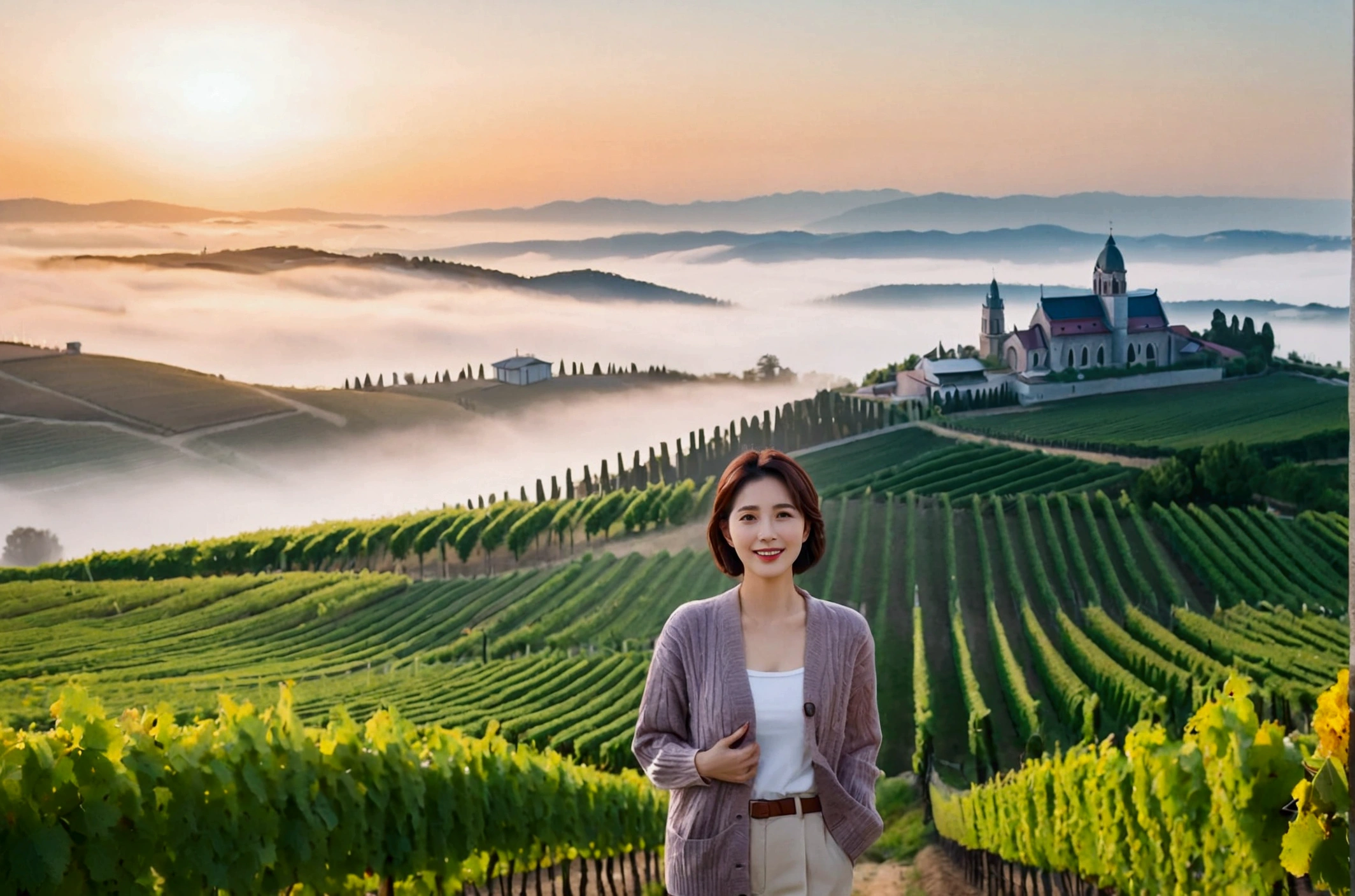 high quality, In 8K, 32K, Photo of a beautiful 36-year-old Korean woman, short medium hair, Inspired by Son Ye-jin, whole body, face focus, Shirt that goes up to the neck and a short cardigan from a luxury brand, beige casual pants, Italian countryside vineyard background, Ranged、make a happy face, 새벽 진한 한개속 The cathedral is visible in the distance, There is thick fog, path, looking up the side, Wear a shirt that covers your chest, The cathedral is visible in the distance, Photo of endless vineyard scenery, look up the side. thick dawn fog, Well-groomed hair, Photo of an elegant and modest woman, Endless vineyards, Vivid picture quality, Clear picture quality, 언덕 위 path, 1 woman, colonnade가 있는 휘어진 path 언덕에서 바라본다. colonnade, The waist area is visible. 휘어진 path에 서있다, colonnade가 있는 어덕길에 서있다, Looking down on the vineyard from the hill, The cathedral is visible in the distance,, 휘어진 path, White shirt and short Myeongmum brand cardigan, three-dimensional shape of grape leaves, wide angle lens shot, Express your fingers carefully, Express your fingers accurately, Put your hands in your pockets, three-dimensional grape leaves