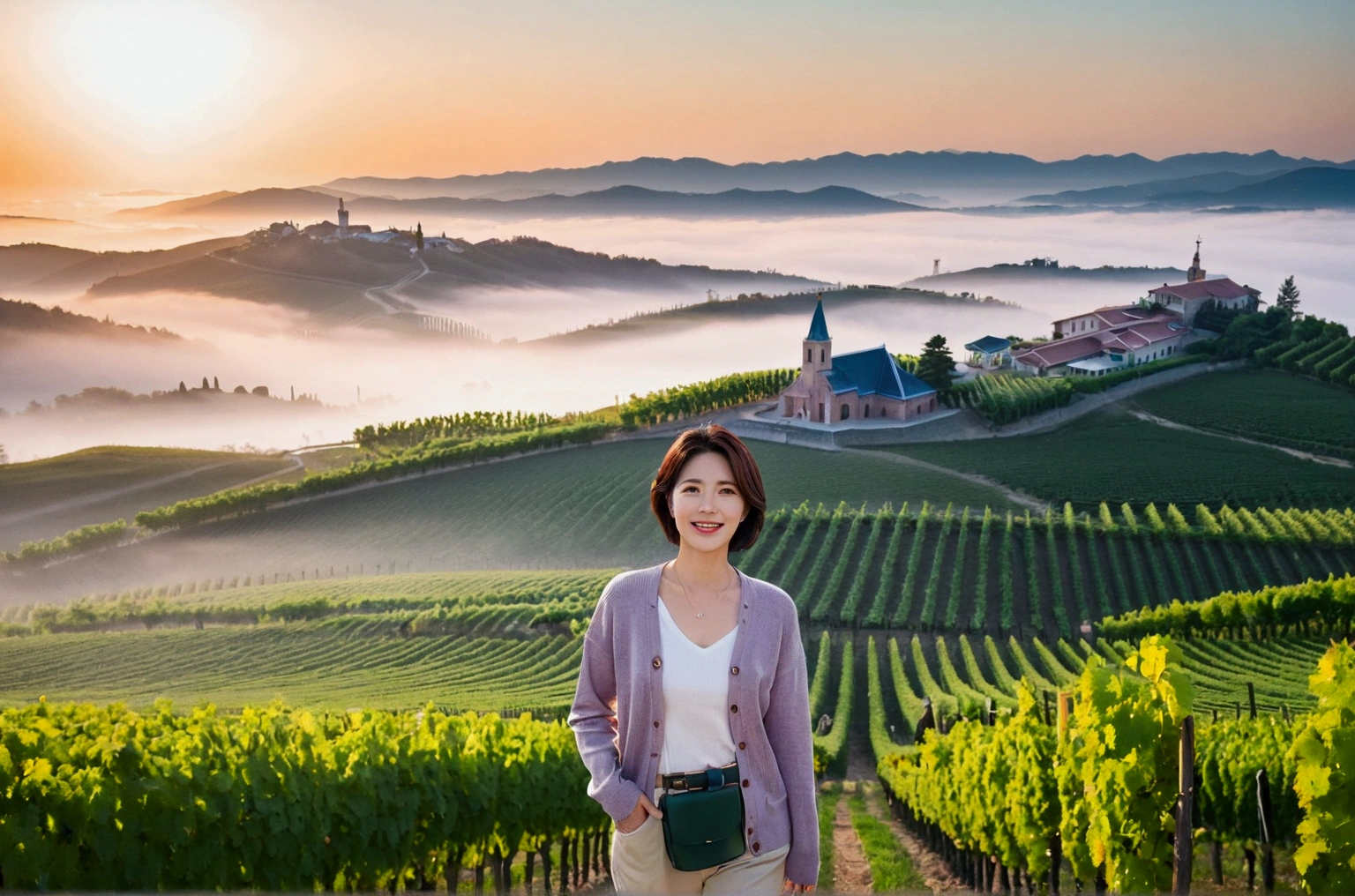 high quality, In 8K, 32K, Photo of a beautiful 36-year-old Korean woman, short medium hair, Inspired by Son Ye-jin, whole body, face focus, Shirt that goes up to the neck and a short cardigan from a luxury brand, beige casual pants, Italian countryside vineyard background, Ranged、make a happy face, 새벽 진한 한개속 The cathedral is visible in the distance, There is thick fog, path, looking up the side, Wear a shirt that covers your chest, The cathedral is visible in the distance, Photo of endless vineyard scenery, look up the side. thick dawn fog, Well-groomed hair, Photo of an elegant and modest woman, Endless vineyards, Vivid picture quality, Clear picture quality, 언덕 위 path, 1 woman, colonnade가 있는 휘어진 path 언덕에서 바라본다. colonnade, The waist area is visible. 휘어진 path에 서있다, colonnade가 있는 어덕길에 서있다, Looking down on the vineyard from the hill, The cathedral is visible in the distance,, 휘어진 path, White shirt and short Myeongmum brand cardigan, three-dimensional shape of grape leaves, wide angle lens shot, Express your fingers carefully, Express your fingers accurately, Put your hands in your pockets, three-dimensional grape leaves