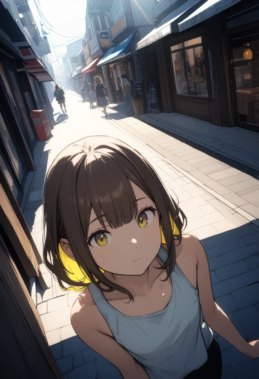 -yeld gi (Tank top、Chopin)、(Brown Hair Color,Light yellow inner color hairstyle), (beautiful smooth hair), Facial Contour, Remember, Shopping Street, sunlight、splash, Lens flare,, Natural Color, High resolution, Very delicate, Very detailed, 8k,（My breasts are just a little swollen,About B cup）、Shyness,((Sexual))、Top view angle