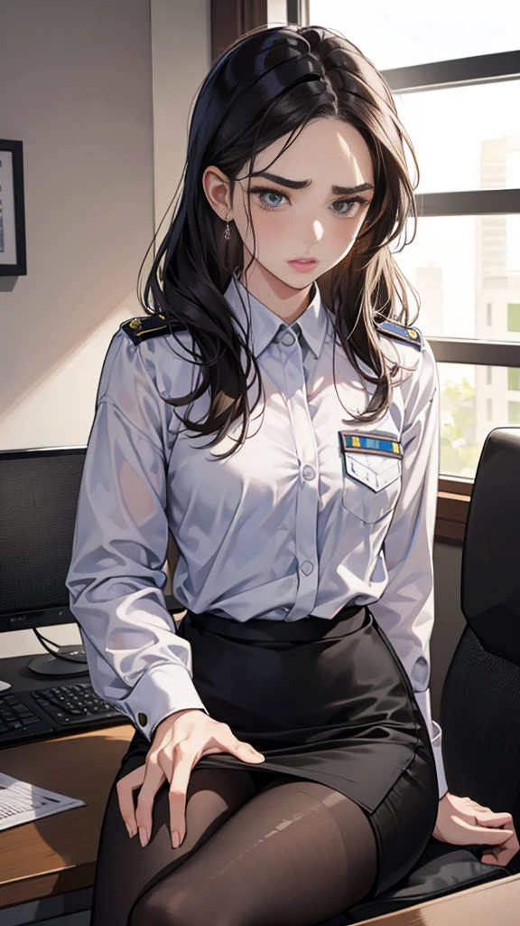 NSFW {{masterpiece}}, {{{Highest quality}}},{{Very detailed}},{{{from below}}},{{Female police officer}}Pencil skirt with slits,Black leggings,Black tights,Small breasts Black underwear、long sleeve police uniform,Sitting in a chair in an office with a serious expression,Focus on legs{{{Sitting in a chair in an office with a serious expression成熟した女性}}},{{疲労でSweatをかいている成人女性}},Sweat,Hold the arm with one hand ,sit,{{Blushing}},{{V-shaped eyebrows}}},{{{}},{椅子にsit}},{},, ,{{}},,,{{}},{{}},,Slender body}}{{Female police officer}},,blush,Wrinkles ,amount,Grit your teeth,suffering,v-shaped eyebrows.,Sweat dripping ,get annoyed,,Inside the office,
