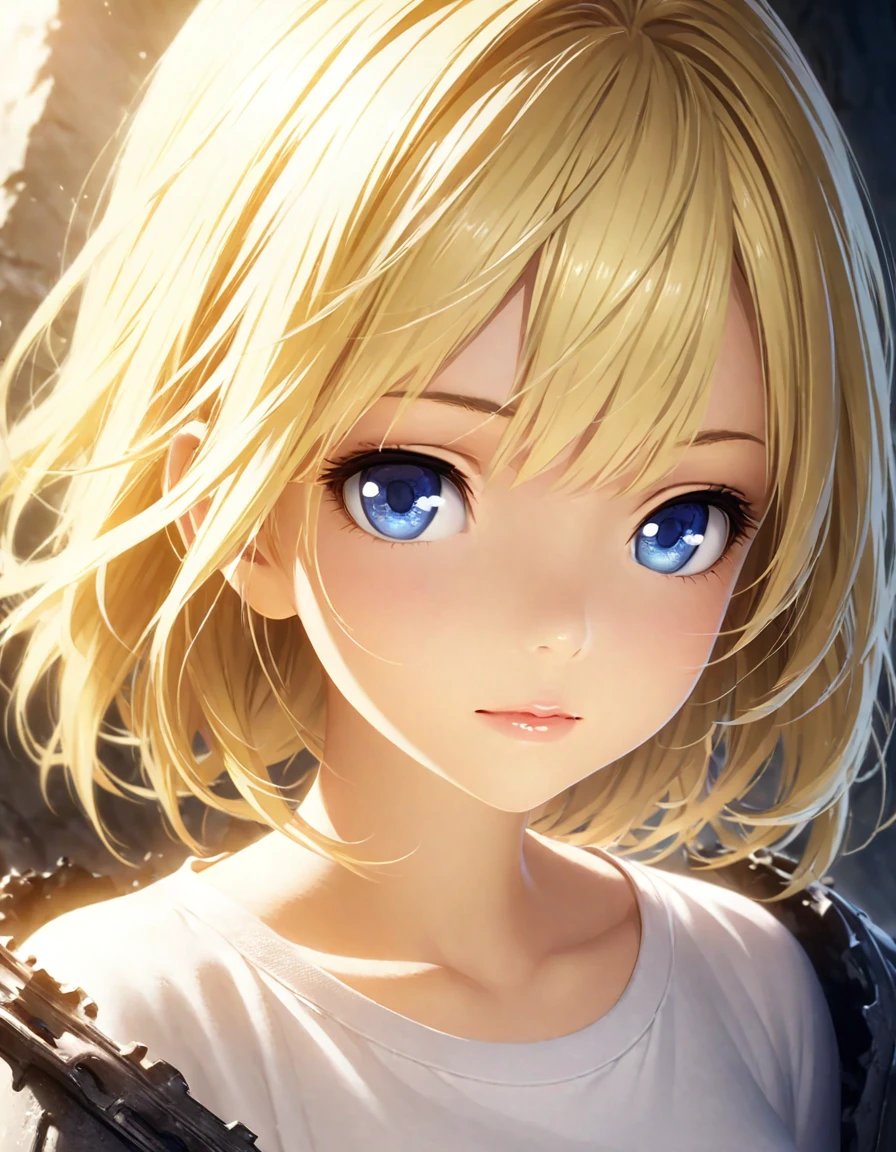 portrait, Practical, blue eyes, Blonde hair, Mid-chest, 4K resolution, High quality CG, Beautiful CG, Soft Light, Octane Rendering, white t-shirt, close shot