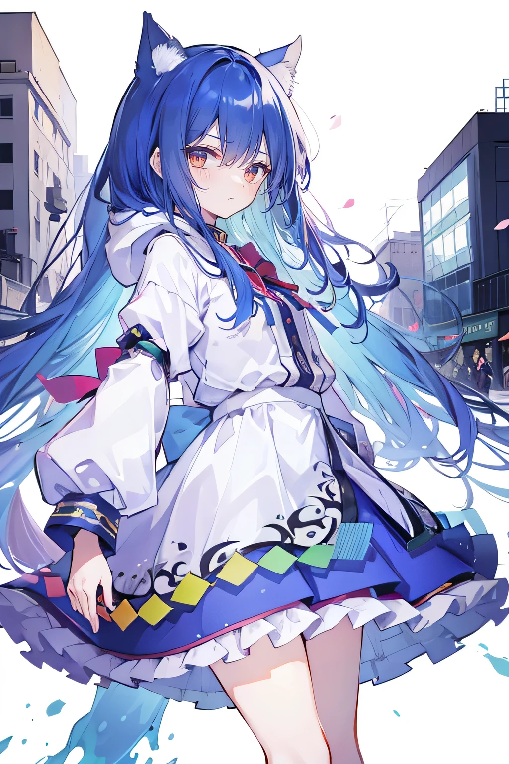 (masterpiece:1.2),Super detailed,lifelike,Expressive eyes,fair skin,perfect face shape,1 girl,
Japanese comics,Gorgeous blue hair,flowing blue hair,flowing clothes,Cat ears,Petals fall,beautiful lola,Baby Angel,
Shaking head with one hand,Cross your legs,smile, wearing hoodie, ,back views,snowing, winter,City Street Scene,winter。