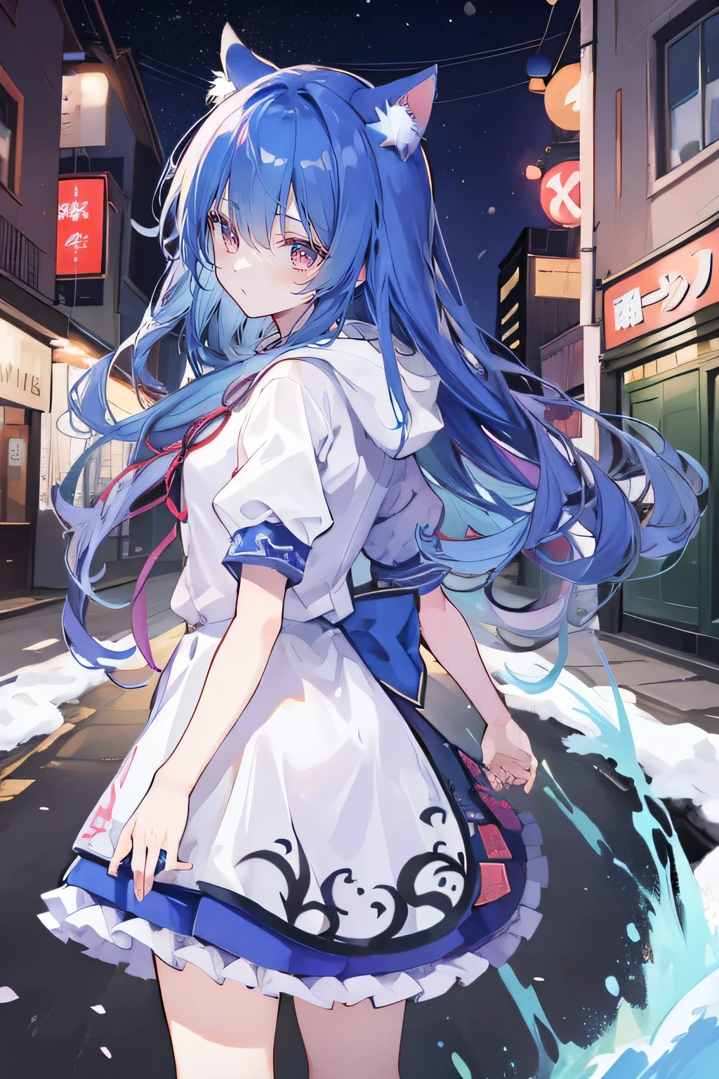 (masterpiece:1.2),Super detailed,lifelike,Expressive eyes,fair skin,perfect face shape,1 girl,
Japanese comics,Gorgeous blue hair,flowing blue hair,flowing clothes,Cat ears,Petals fall,beautiful lola,Baby Angel,
Shaking head with one hand,Cross your legs,smile, wearing hoodie, ,back views,snowing, winter,City Street Scene,winter。