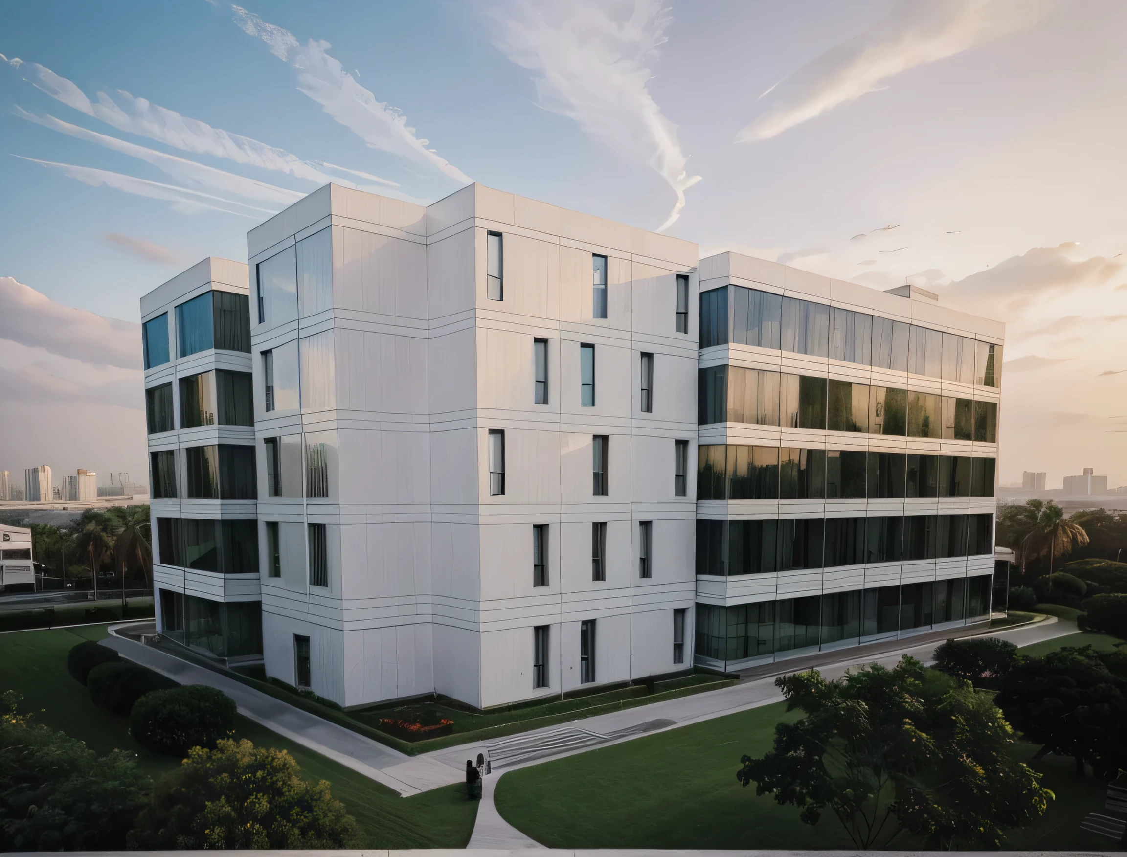 Big very large building in Double L shape intertwined. Minimalist archdaily architecture style.
Modern architecture, modern 4 storeys building, glass façade , park around, very clean, green garden, palm trees. Vegetal roof, bioclimatic, one small tower building inbthe center. Very large long building