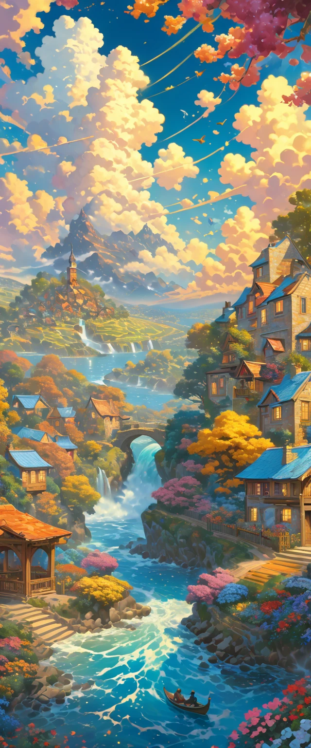 ANIME masterpiece, boy falling from the sky seen from afar, pure background clouds golden edges, Style ULTRA Kilian Eng y Thomas Kinkade, Rob Gonsalves y Tim White., silvain sarriel, Rhads y Thomas Kinkade, inspired by RHADS, cyril rolando and m.I'm confused, cyril rolando and m. I'm confused, Rhads!!!