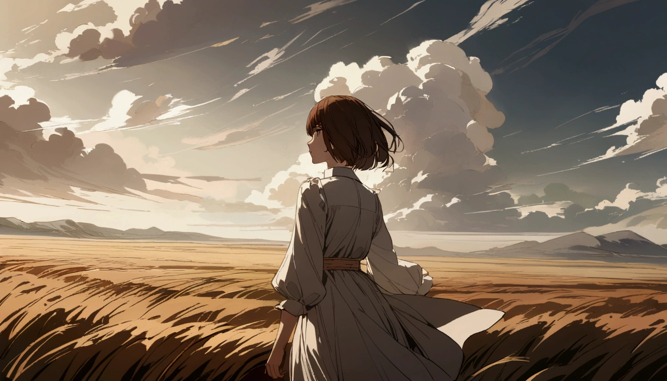 A woman with brown hair and a bob cut is walking through a vast field. The sky is cloudy and the wind is blowing hard.