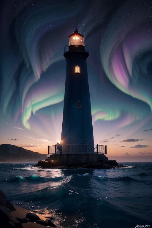 Illustration of a lighthouse with a bright blue and purple aurora behind, quiet night. digital illustration, Just Bartel, inspired by Cyril Rolando, stylized digital illustration, In the style of Cyril Rolando, Illustrative wallpaper 4k hd, a beautiful art illustration, background art, art of Alena Aenami, background illustration, dream illustration, amazing wallpaper