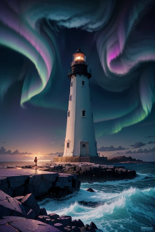 Illustration of a lighthouse with a bright blue and purple aurora behind, quiet night. digital illustration, Just Bartel, inspired by Cyril Rolando, stylized digital illustration, In the style of Cyril Rolando, Illustrative wallpaper 4k hd, a beautiful art illustration, background art, art of Alena Aenami, background illustration, dream illustration, amazing wallpaper