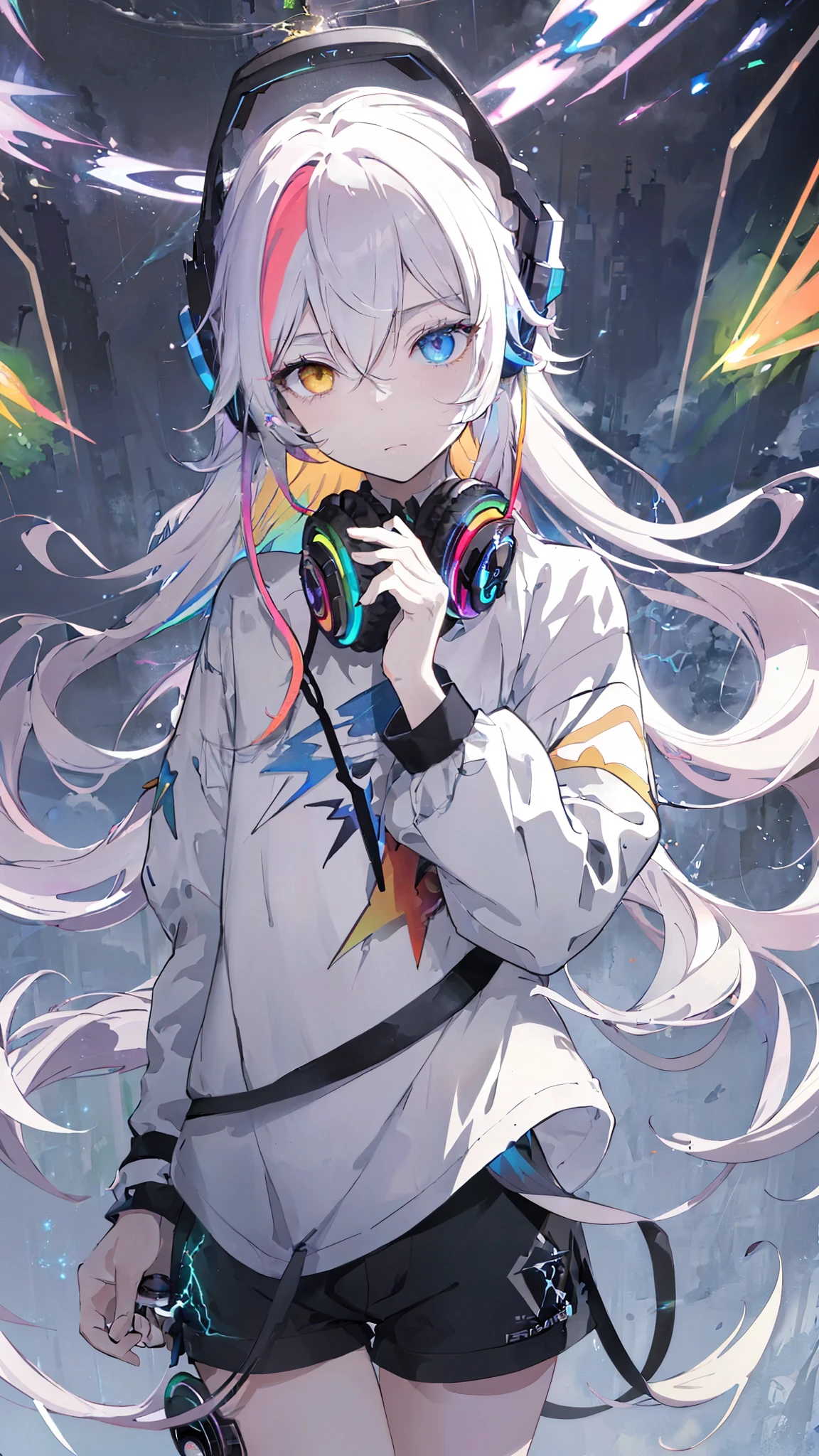 masterpiece, best quality, 1 boy, Long colored hair, Heterochromia, Black headphones, Clothes, shorts, Discharge Aura, rainbow, confusion, lightning, spark, Dynamic illustration, Delicate face, Beautiful illustrations, Good Hand, Good Hand指, Delicate hands, Delicate hands指, 8K, Fine details