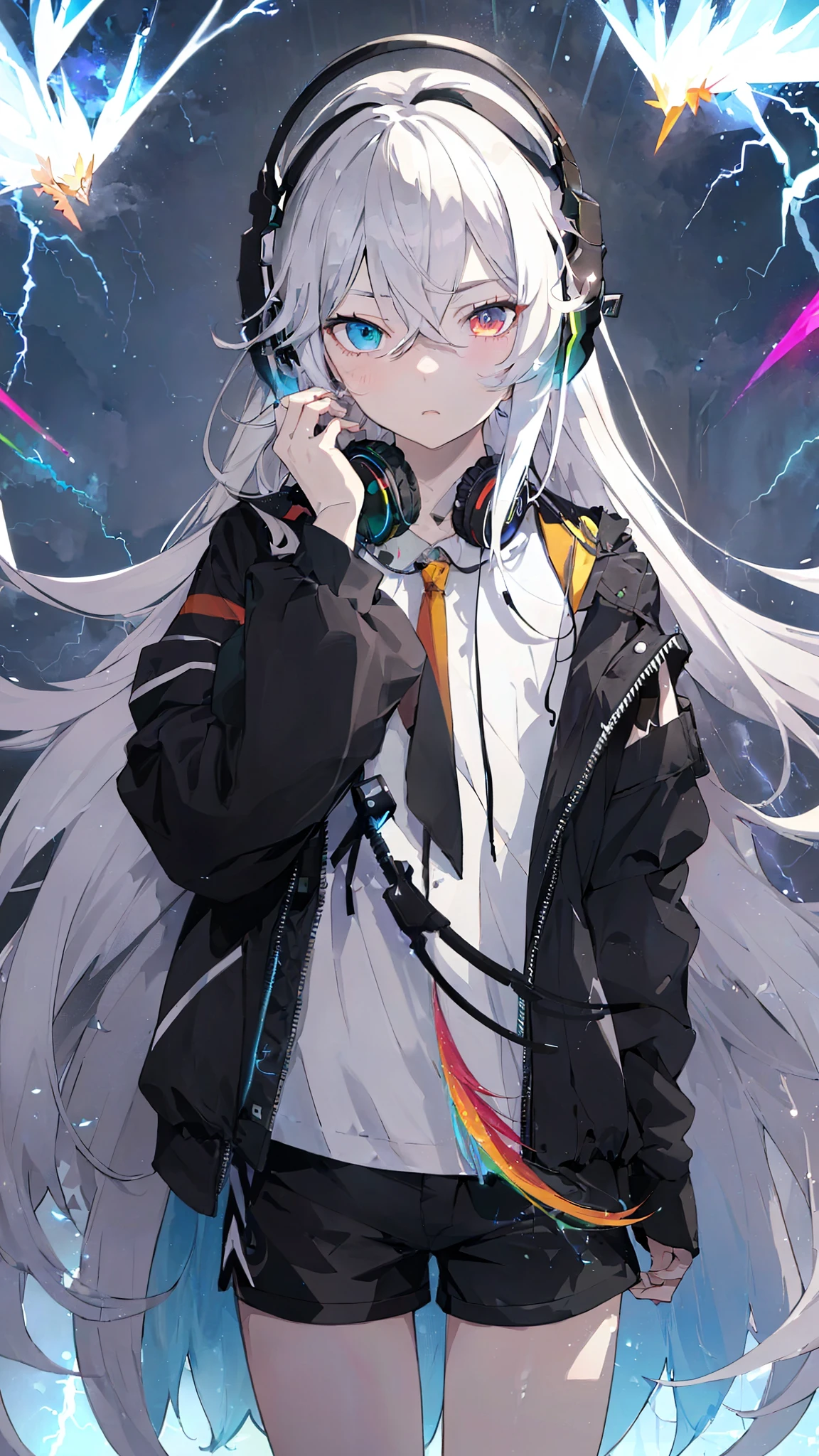 masterpiece, best quality, 1 boy, Long colored hair, Heterochromia, Black headphones, Clothes, shorts, Discharge Aura, rainbow, confusion, lightning, spark, Dynamic illustration, Delicate face, Beautiful illustrations, Good Hand, Good Hand指, Delicate hands, Delicate hands指, 8K, Fine details