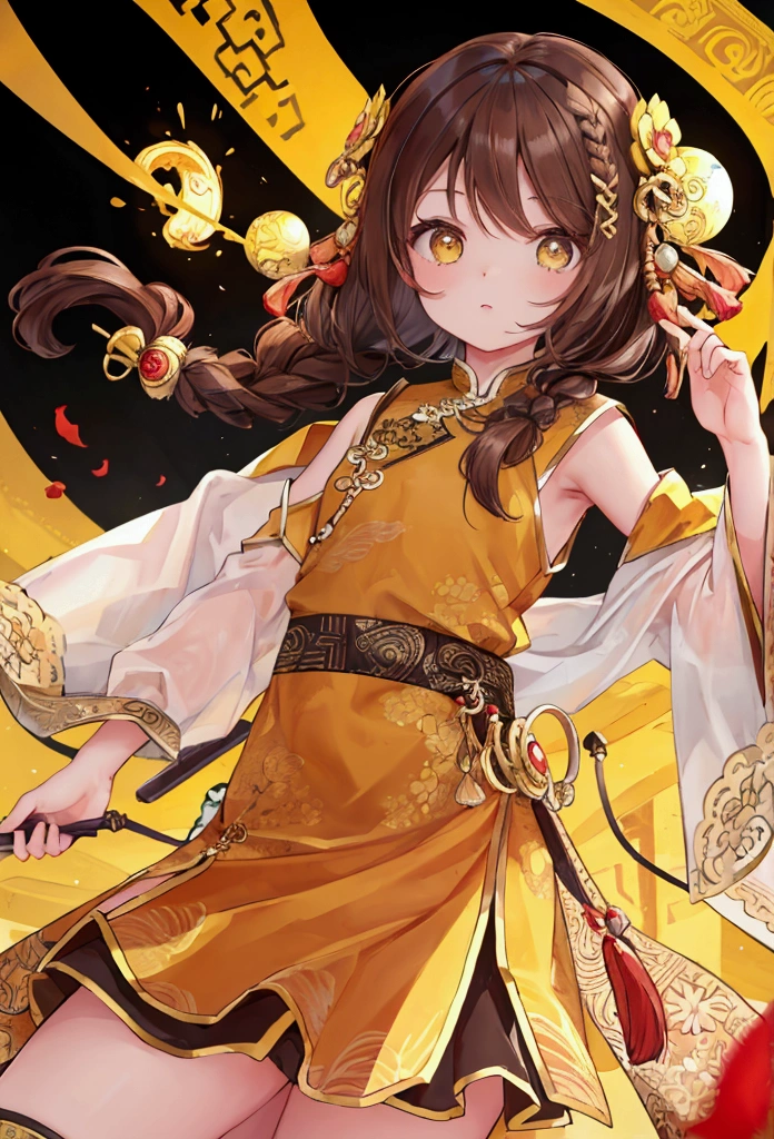 masterpiece, best quality,flat chest, cute eyes, twin braid, dark brown hair,yellow antiquity chinese clothes
