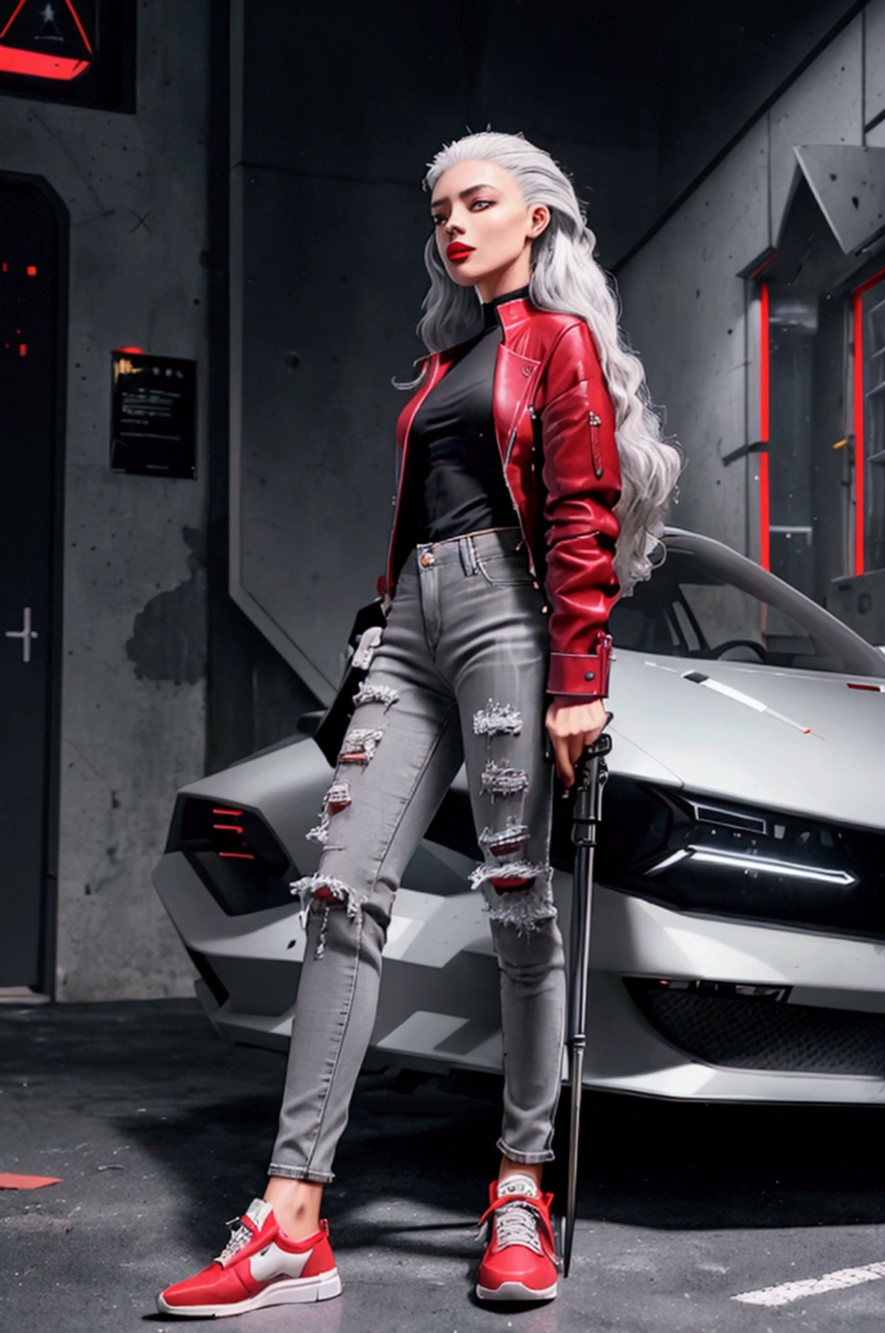 (Science Fiction Fantasy), (masterpiece), (professional oil painting) (best quality), (8K resolution), (1 beautiful girl), ((light gray skin)), (iron gray skin), ((jeans clothes)),(red jacket)), ((Paired with a black T-shirt), ((red lipstick)), ((Black sneakers)), (concept art), Small chest, (long hair), (messy hair), (white hair), (Iron gray hair), ((With futuristic weapons)), (ammunition), ((Moonlight at night)), (sit and think))
