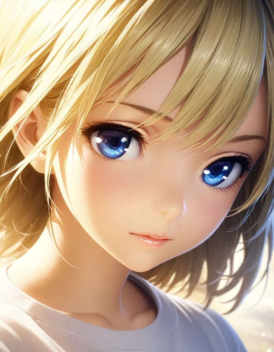 portrait, Practical, blue eyes, Blonde hair, Mid-chest, 4K resolution, High quality CG, Beautiful CG, Soft Light, Octane Rendering, white t-shirt, close shot, front