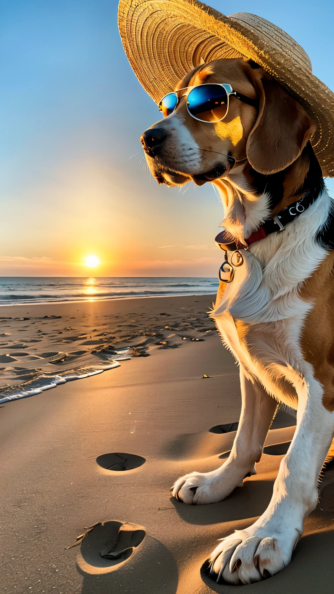 A beach scene with a perfect detailed young beagle dog sitting on the sand. The beagle is wearing sunglasses and a straw hat, with a refreshing drink next to it. The background includes the ocean and a bright, sunny sky. The beagle looks relaxed and happy, capturing the essence of a summer vacation, consider golden ration for composition of the image, (perfect detailed fur), (fluffy fur), golden hour, Complementary colors, Canon EOS R3, 35mm, UHD, HDR, 8K, volumetric lighting, (Masterpiece:1.4), (Best Quality:1.4), Warm lighting, highlight shadows, great shadow, dodge and burn, Warm Lighting applied on silhouette, High Contrast, High Definition, (Hyperrealistic:1.4)