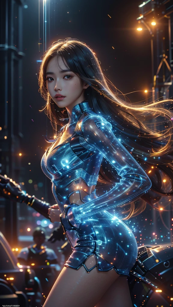 Ultra-Realistic Capture,18k,RAW Photos,Highest quality,masterpiece,reality,Very detailed,Live Action,Very beautiful woman,Detailed face,Glowing Skin,rainbow,Automata,cyber punk,18-year-old ,Model body type,slim,lots of leds,Clothes made of light particles,rainbowスキン,Implanted electronic devices,Very detailedな電子機器,Many connections,Very long hair,Large Breasts,Acrobatic pose,(Middle finger),neon,Long legs,anger,