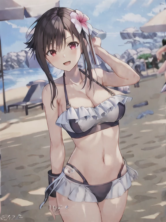masterpiece, best quality, 1girl, Tifa Lockhart, final fantasy, cowboy shot, tifa_sunshine, bikini, black hair, red eyes, sidelocks, swimsuit, frilled bikini, hair ornament, side-tie bikini bottom, bare shoulders, solo, breasts, hair flower, flower, cleavage, navel, large breasts, open mouth, thrilled expression, very excited