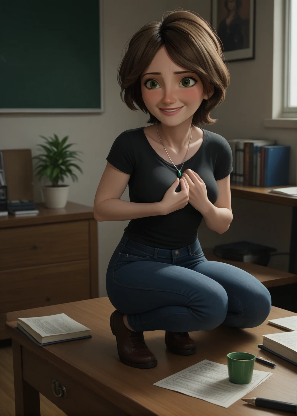 cass,1girl, solo, breasts, smile, short hair, brown hair, shirt, jewelry, green eyes, full body, jeans, short sleeves, indoors, necklace, blurry, black shirt, score_9, score_8_up, score_7_up, score_6_up, on desk, hands on breasts , squeezing breasts together, seductive smile, aroused, blush, 