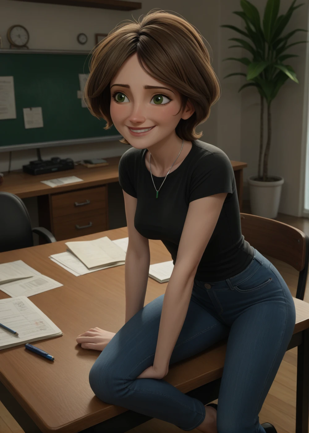 cass,1girl, solo, breasts, smile, short hair, brown hair, shirt, jewelry, green eyes, full body, jeans, short sleeves, indoors, necklace, blurry, black shirt, score_9, score_8_up, score_7_up, score_6_up, on desk, hands on breasts , squeezing breasts together, seductive smile, aroused, blush, 