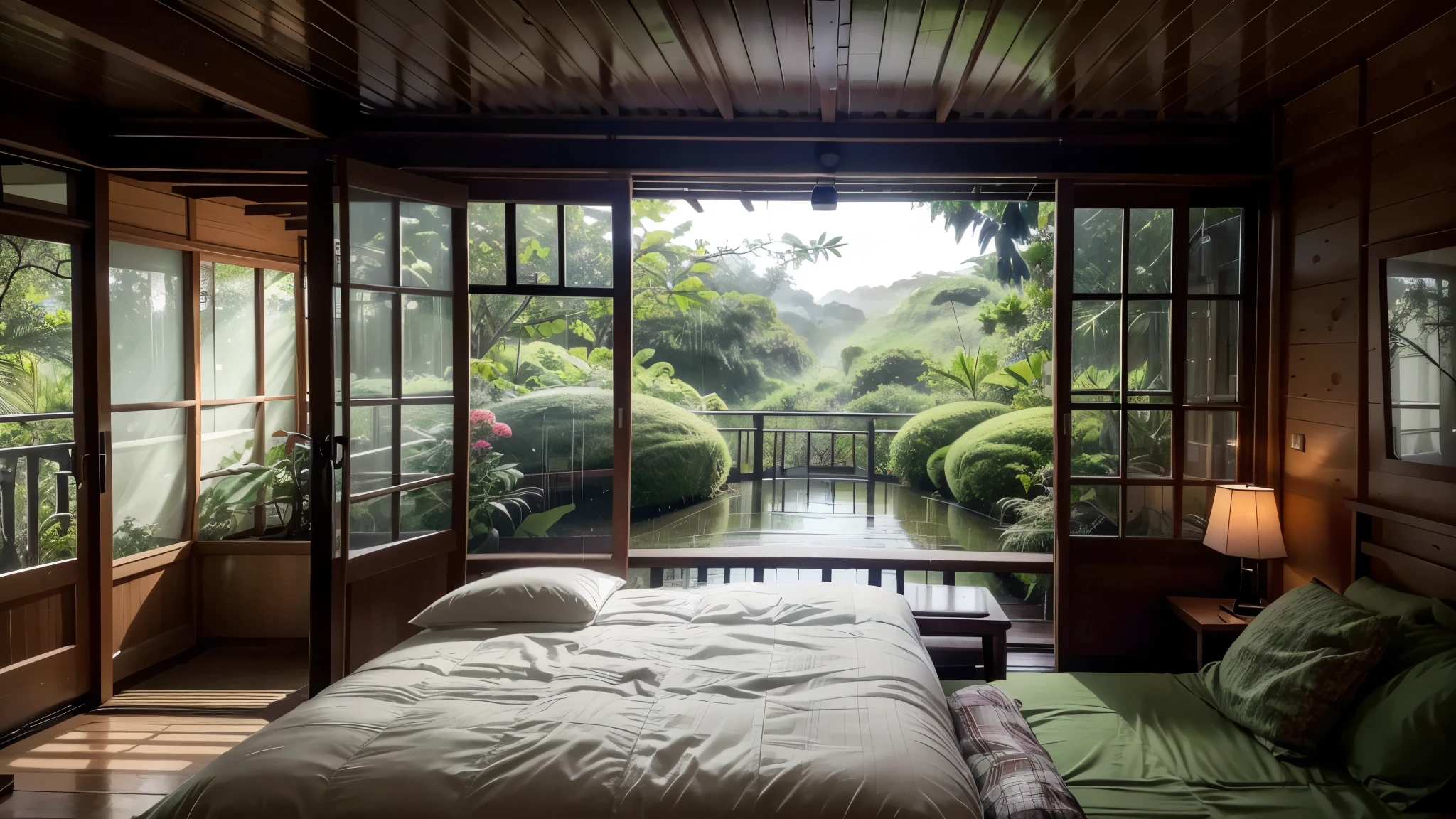 Image of a cozy evening bedroom with large windows overlooking a rain forest AND FLOWERS. CINEMA HOUSE, JAPAN, image of a Japanese house and many flower gardens in the garden. The bed was not covered with wrinkled sheets, indicating that it had only recently been used. looks dim and gloomy. Next to the bed there is a small table with a classic lamp burning, radiating warm light into the room. Outside the window, lush greenery can be seen on the terrace or balcony area, rain can be seen falling, creating a quiet and peaceful atmosphere. The contrast between the indoor warmth and the outdoor rain creates an inviting and calming atmosphere