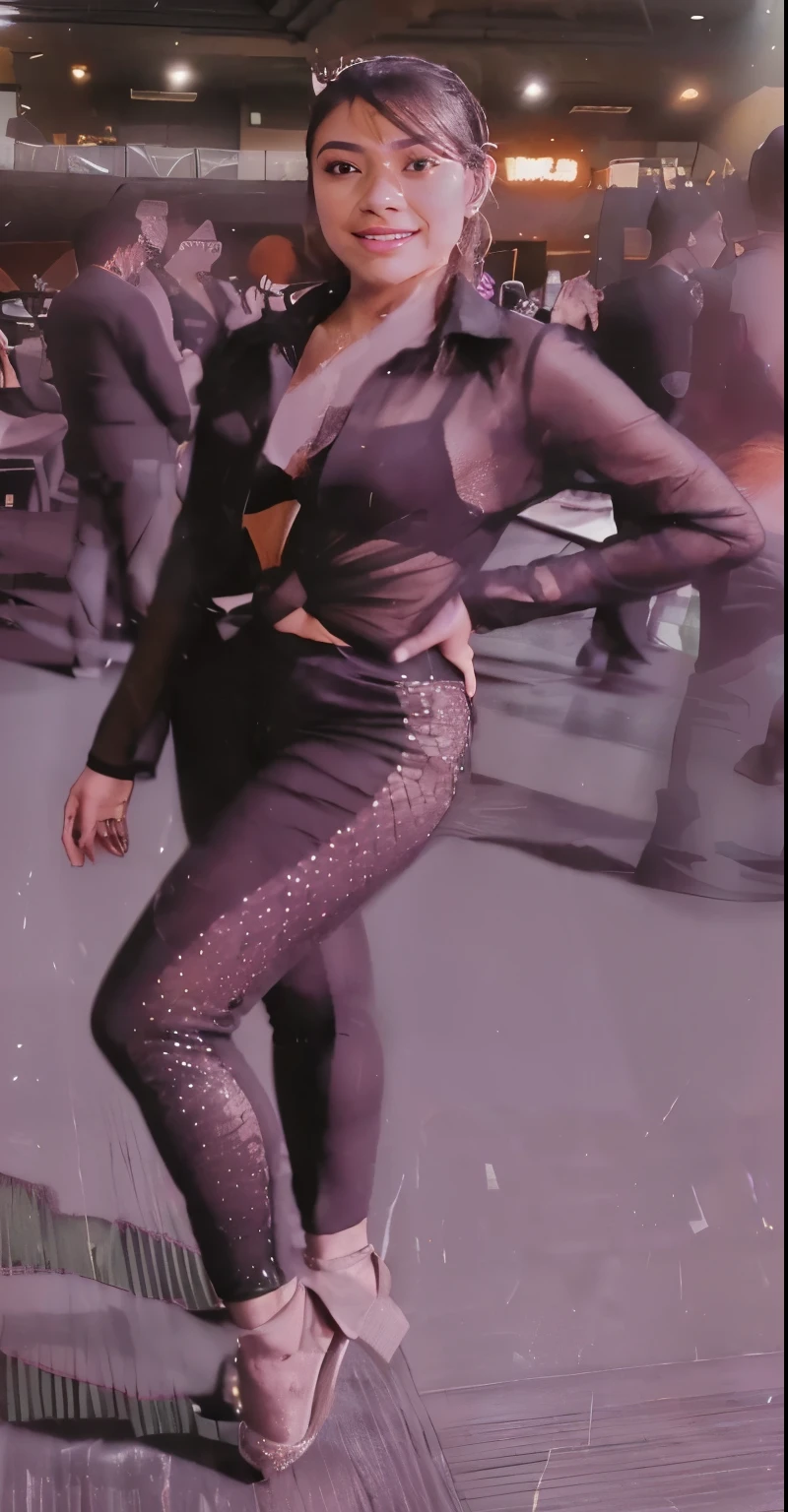 Mexican Girl, wearing a translucent black shirt, tight leggins with translucent details, wearing hight heels, that is standing in a room, as though she is dancing, dancing in the background, she is dancing. realistic, candid shot, tight attire, full body close-up shot,