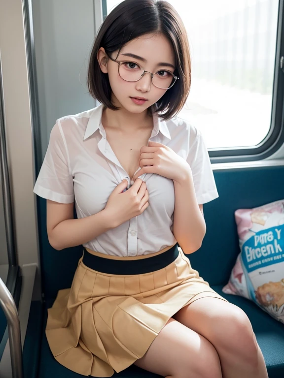 Japanese women、, very cute, beautiful, Short sleeve shirt、Pleated skirt、mini skirt, (Embarrassing:1.3), blush、Inside the train、Sitting, (masterpiece、Highest quality:1.1)、(8k, High resolution), (photograph, Realistic)、Natural Makeup, (Show Viewer:1.2), (short hair, Messy Hair), (Hold my chest:1.1) 、Wear glasses、