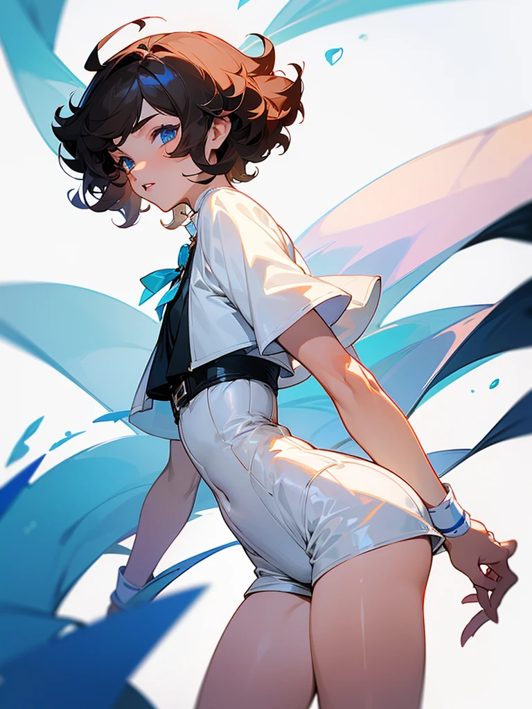 Male ager short curly hair white skin blue eyes, reddish lips, outfit, white blouse and short shorts, His body is thin but with somewhat ancho thighs., somewhat short stature