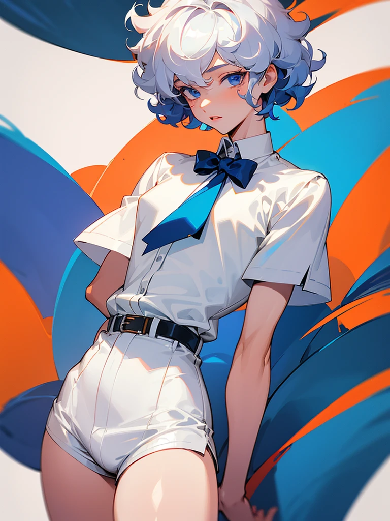 Male short curly hair white skin blue eyes, reddish lips, outfit, white blouse and short shorts, His body is thin but with somewhat ancho thighs., somewhat short stature