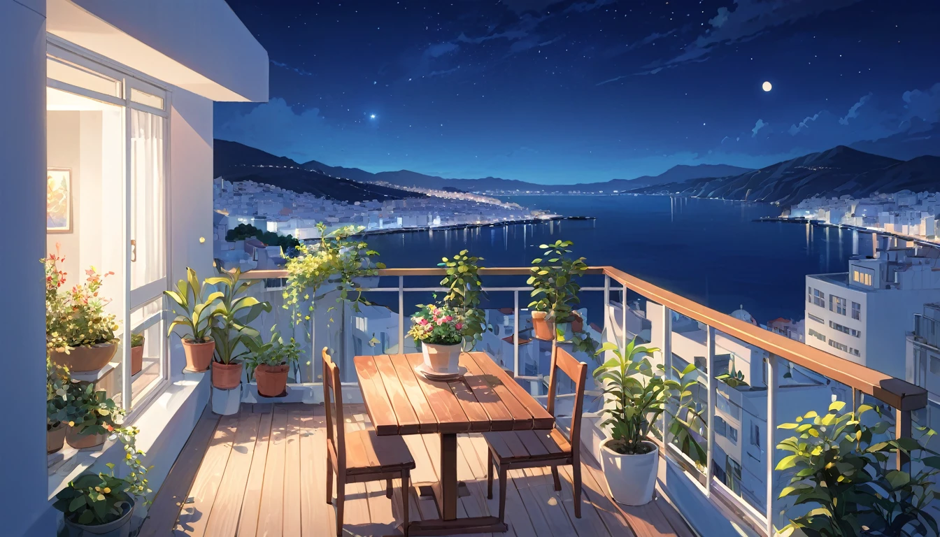 Greece at night、Seaside city、View from the balcony of a top floor apartment、Skyscrapers can be seen、The sky is dark、The city is bright、The balcony is lined with potted plants.、There is a small wooden table、The artwork is anime-style with vivid, bright colors.、Delicate details and soft lines and shadows、Illustrations with a calm and relaxing atmosphere
