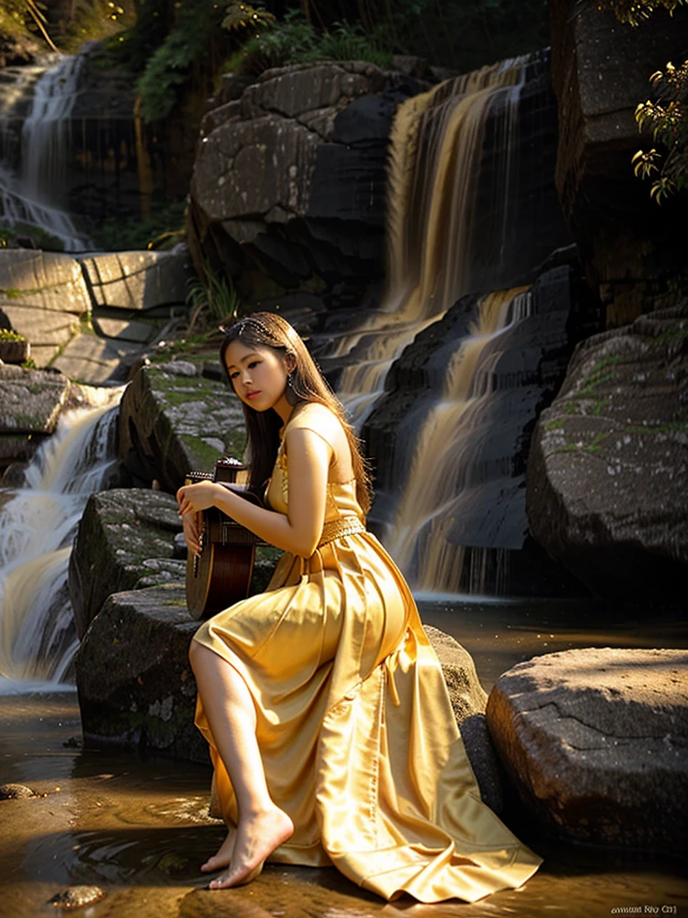 A beautiful young woman wearing a long skirt Thai dress from classical literature. Playing guitar on the rocks by the waterfall The scene was illuminated by a soft golden light. It creates a serene and enchanting atmosphere.