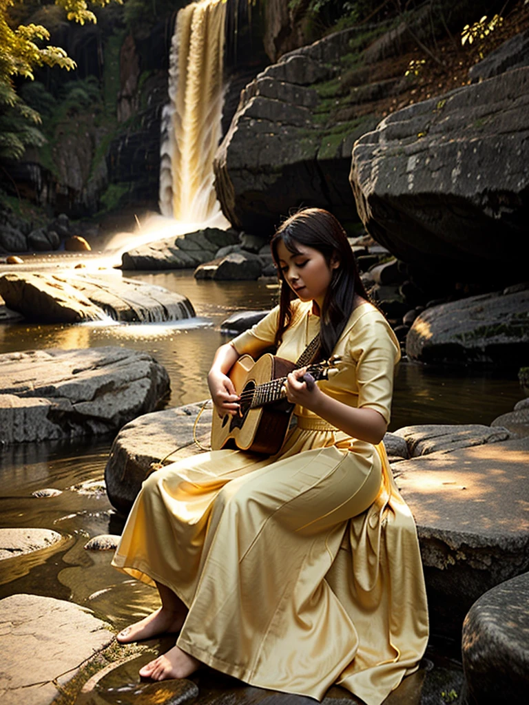 A beautiful young woman wearing a long skirt Thai dress from classical literature. Playing guitar on the rocks by the waterfall The scene was illuminated by a soft golden light. It creates a serene and enchanting atmosphere.