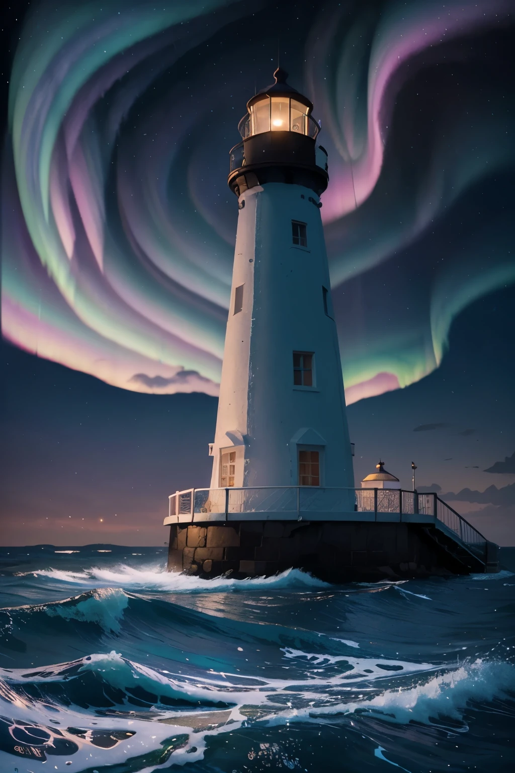 Illustration of a lighthouse with a bright blue and purple aurora behind, quiet night. digital illustration, Just Bartel, inspired by Cyril Rolando, stylized digital illustration, In the style of Cyril Rolando, Illustrative wallpaper 4k hd, a beautiful art illustration, background art, art of Alena Aenami, background illustration, dream illustration, amazing wallpaper