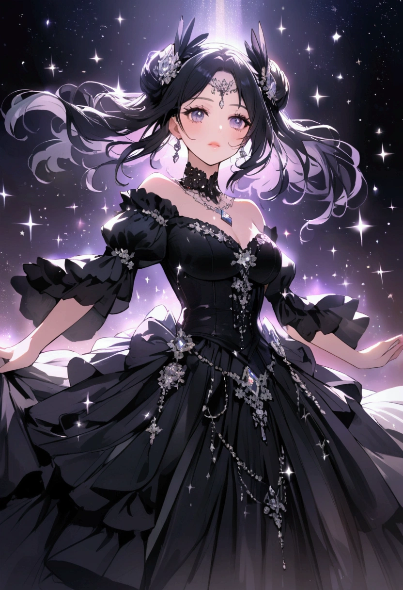 A beautiful princess wearing a beautiful black dress inspired by the jewel black diamond　Gorgeously sparkling black diamonds in the background　Let it sparkle dazzlingly