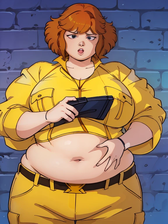 absurdres, april o'neil, 1 fat girl, ssbbw, short brown hair, black eyes, upper body plus, yellow jumpsuit, sleeves rolled up, white belt, big belly