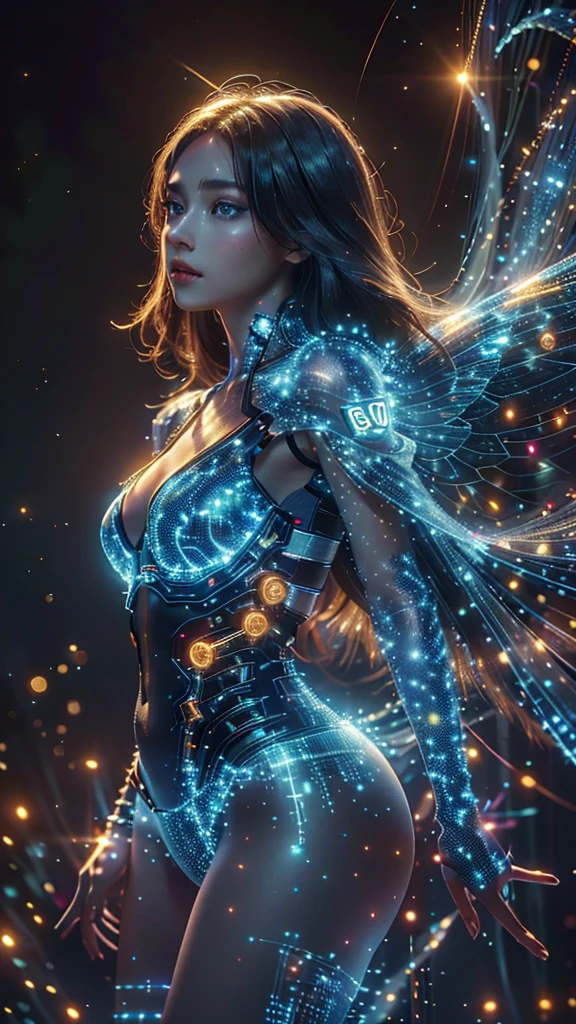 Ultra-Realistic Capture,18k,RAW Photos,Highest quality,masterpiece,reality,Very detailed,live-action,Very beautiful woman,Detailed face,Glowing Skin,Rainbow, Blue eyes, Automata,cyber punk,18-year-old ,Model body type,slim,So many LEDs,Clothes made of light particles,Rainbow Skin,Electronic devices embedded in the body,Very detailed electronic equipment, butterfly wings on her back, A bunch of glowing wires, Very long hair girl, Glittering, Black girl, Green Style, Large Breasts,Acrobatic poses,(Middle finger),neon,Long legs, Black girl, long curly brown hair 