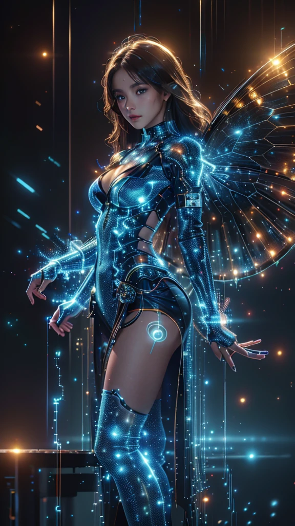 Ultra-Realistic Capture,18k,RAW Photos,Highest quality,masterpiece,reality,Very detailed,live-action,Very beautiful woman,Detailed face,Glowing Skin,Rainbow, Blue eyes, Automata,cyber punk,18-year-old ,Model body type,slim,So many LEDs,Clothes made of light particles,Rainbow Skin,Electronic devices embedded in the body,Very detailed electronic equipment, butterfly wings on her back, A bunch of glowing wires, Very long hair girl, Glittering, Black girl, Green Style, Large Breasts,Acrobatic poses,(Middle finger),neon,Long legs, Black girl, long curly brown hair