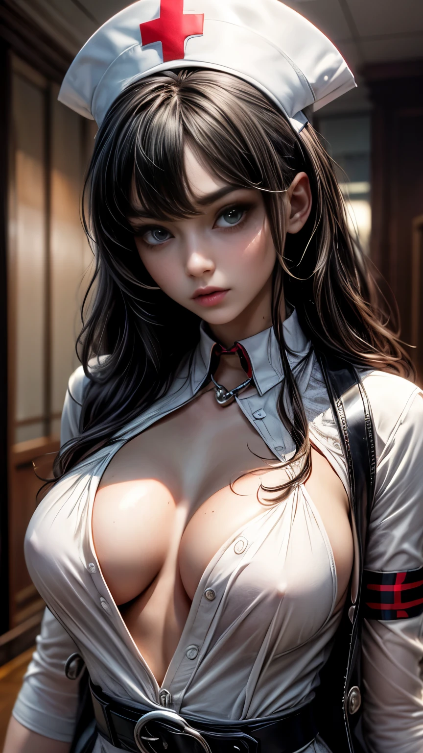 Highest quality, 16K, Unbelievably absurd, Very detailed, 2.5D, delicate and dynamic, spooky, formal, Dim Hospital, Gothic, Creepy, Examination table, Suspiciously large skeleton, Anatomy, Thick book, , , , , , Small face, Very delicate look, Delicate eye depiction, Close-up, erotic, Sexy Woman, Cool woman, Long black wavy hair, Healthy body shape, 25-year-old woman, mad nurse, mad scientist, height: 170cm, A large, swaying bust, Sexy long legs, nurse, treat, Stethoscope, Calm expression, Complicated nurse costume, Nurse costume in chic colors, Tight Skirt, garter belt, Fishnet tights, , , ,