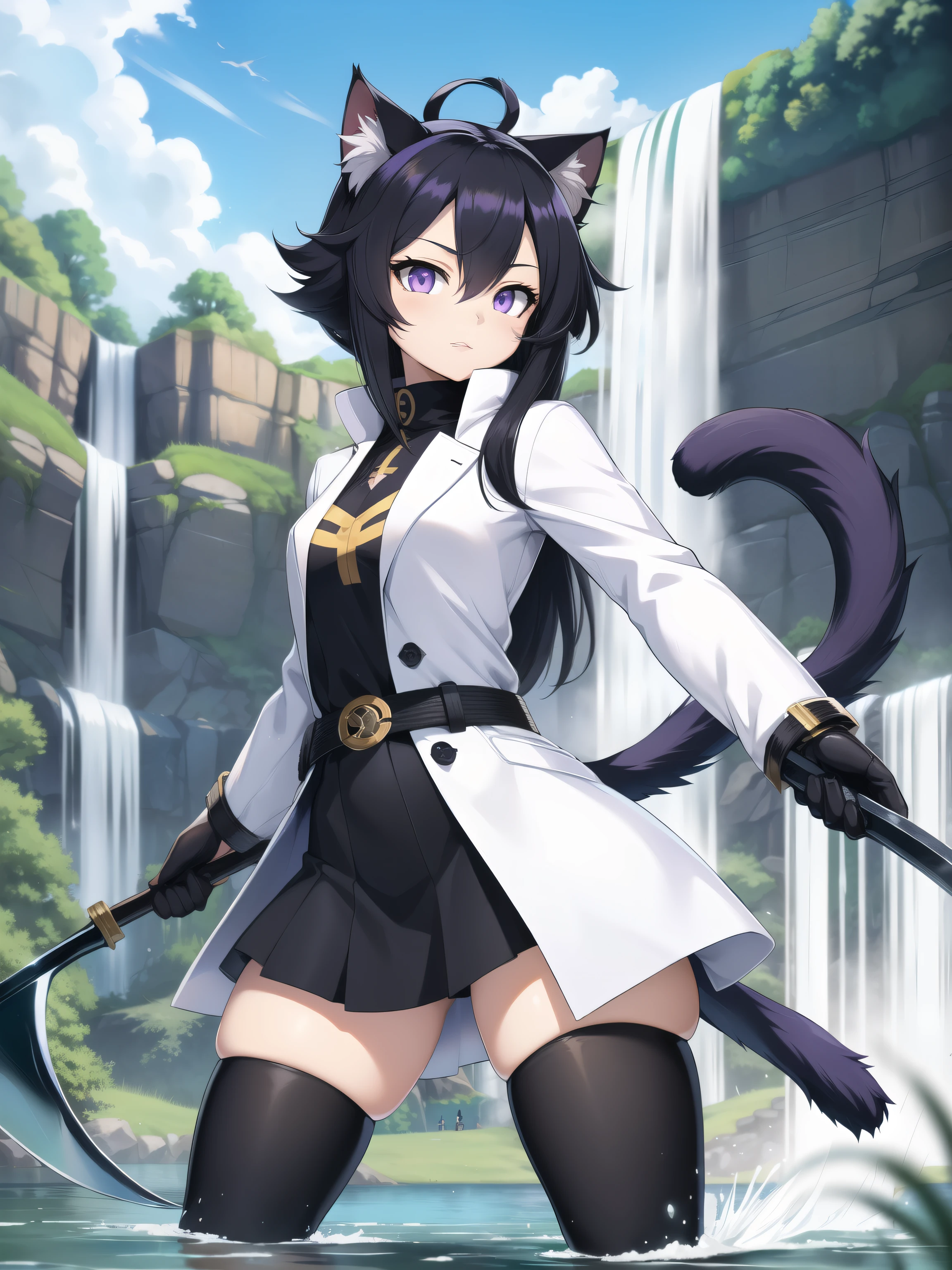 HD quality, masterpiece, wallpaper quality, detailed eyes, detailed face, solo, Female, Neko Female, cat ears, thigh-length coat, ((white coat)), grey belt around waist, Hair like Madara Uchiha, ((black anime hair)), cat eyes, (purple eyes), (yellow eye), cat tail, (((black cat tail))), Thick Thighs, Lakeside, waterfall, fish in lake, ((at a lake with a waterfall)), grass, standing, action pose, random action pose, (((wielding a Scythe)))