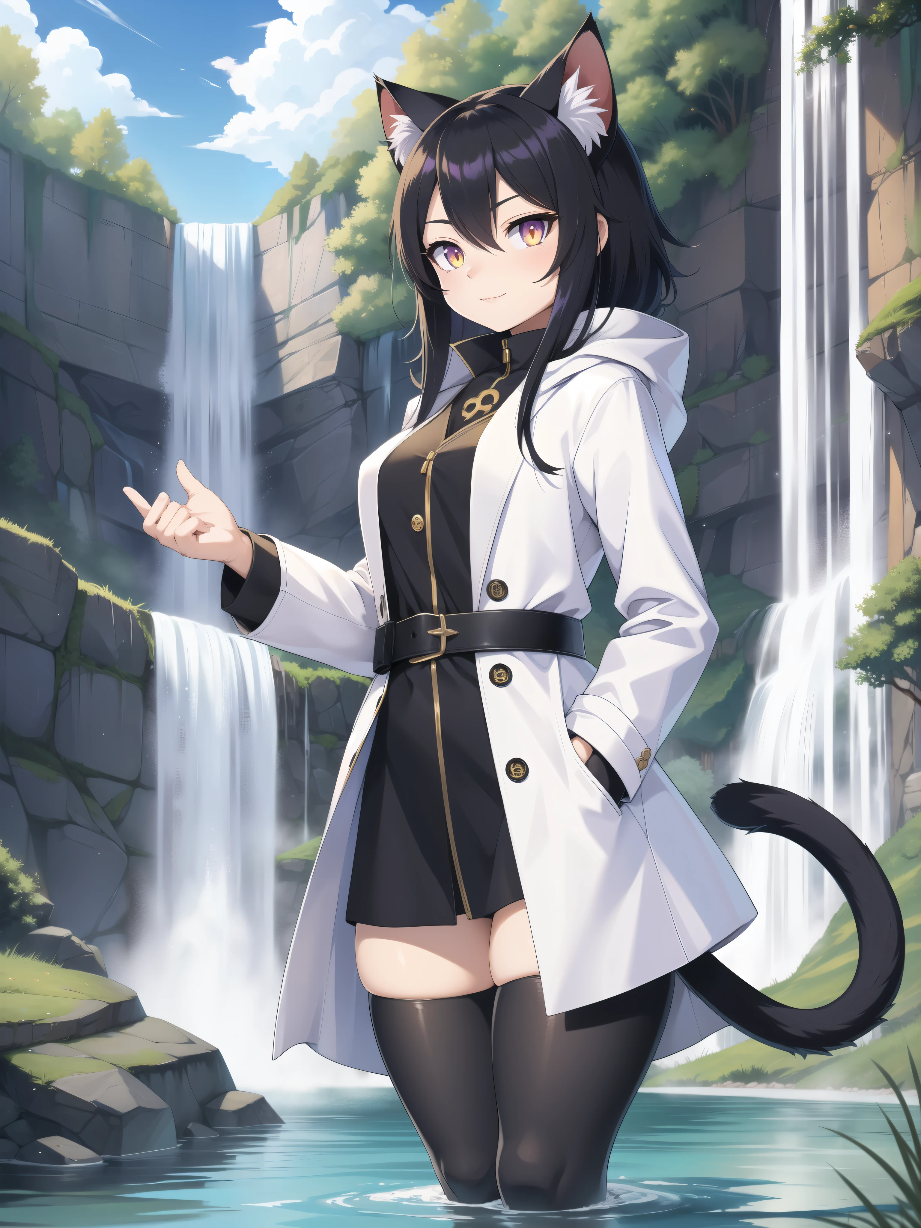 HD quality, masterpiece, wallpaper quality, detailed eyes, detailed face, solo, Female, Neko Female, cat ears, thigh-length coat, ((white coat)), grey belt around waist, Hair like Madara Uchiha, ((black anime hair)), cat eyes, purple eyes, (yellow eye), cat tail, (((black cat tail))), Thick Thighs, Lakeside, waterfall, fish in lake, ((at a lake with a waterfall)), grass, standing, looking at viewer,
