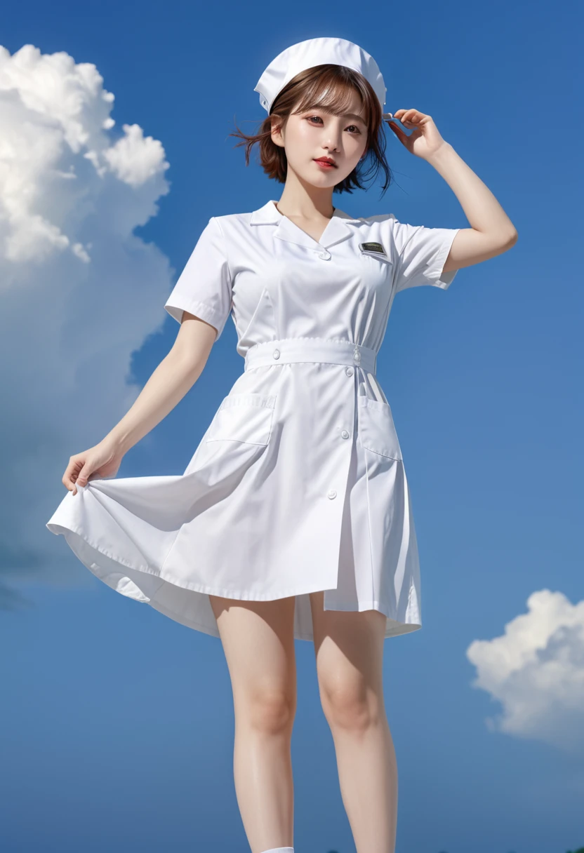 Full body portrait:1.4、Beautiful young nurse with very short chestnut hair、Wearing white nurse clothes、Put on a nurse's cap、Jumping against a detailed summer sky background、大きなRealな白い天使の翼のギミック、Halo、Shooting from a low angle。(Highest quality、4K、8k、High resolution、masterpiece: 1.2)、Super detailed、(Real、Photorealistic: 1.37)、Intricate and highly detailed faces、Delicate facial features、Expressive eyes、beautiful long eyelashes、Cute button nose、Detailed lips、Graceful pose、Dynamic Movement、Natural lighting、Warm tones、Golden Hour、Glowing Skin、ether、heaven、sacred、Celestial Bodies、