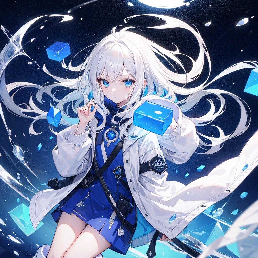 (masterpiece,Highest quality,Anime Style,atmosphere,More Information,CG rendering,Character portrait,Ray Tracing,Science,like,Divine sensation skylight)(Holographic Projection,White Hair,長いWhite Hair,Hair Straightening,Blue Eyes,white hooded jacket,I have a blue cube in my hand,White boots,Surrounded by blue particles,beautiful girl)(The background is a starry sky),Solo